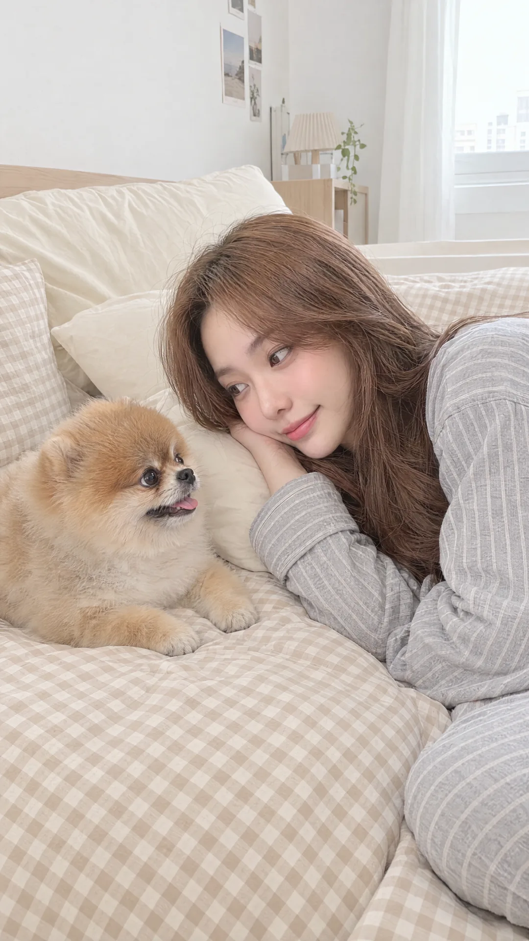 침대에서 룽지와 쉬는 유니
